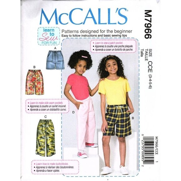 McCall's M7966 Toddler Girls 3 to 6 Shorts and Pants Uncut Learn to Sew Pattern - Picture 1 of 2